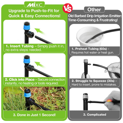 Comparison of Quick Connect Drip Irrigation Emitters with traditional emitters showing easy push-fit setup vs time-consuming installation