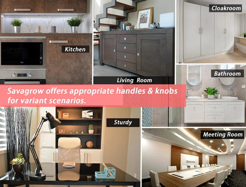 Various room settings showcasing handle and knob applications, including kitchen, living room, cloakroom, bathroom, office, and meeting room.