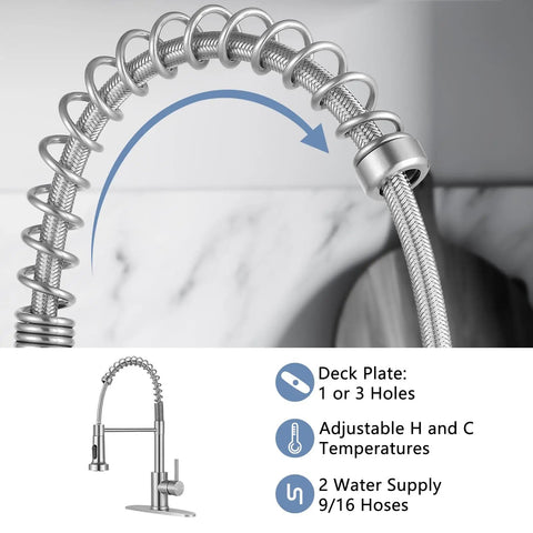 Brushed Nickel Kitchen Faucet With Pull Down Sprayer, High Arc Single Handle, 1 Or 3 Holes Install, Deck Plate Included