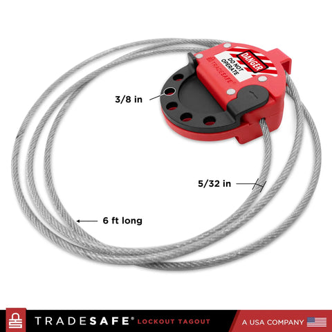 6 Foot Adjustable Lockout Cable With Vinyl Coating Stainless Steel 5/32 Inch Cable coiled with red lockout device shown.
