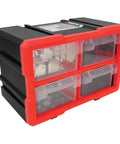4 Drawer Interlocking Tool Storage Bin Organizer With Transparent Drawers Stackable And Mountable Vertically Or Horizontally Heavy Duty For Tools And Hardware Secure Interlocking System Model W5911, side view