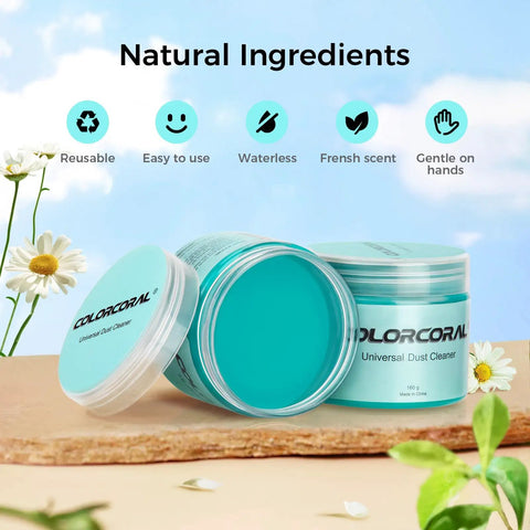 Two Pack Car Cleaning Gel Universal Dust Cleaner For Car Vents, Keyboards, Cameras, with open containers and natural ingredients background.
