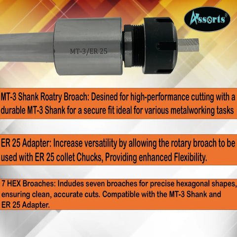 Pro Grade MT3 Shank Rotary Broach Kit With ER-25 Adapter And 7 Imperial Hex Broaches for precise internal hex holes, metalworking.