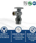 Ten Pack of Three Eighths Inch OD To Half Inch CPVC Angle Stop Valves, Brass, One Fourth Turn, showcased with certifications