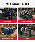 Professional Grade 4 Inch Magnetic Vise Jaw Pads crafted from heavy duty solid aluminum on various vises, including bench and woodworking.