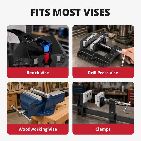 Professional Grade 4 Inch Magnetic Vise Jaw Pads crafted from heavy duty solid aluminum on various vises, including bench and woodworking.