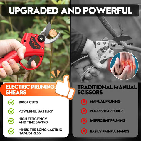 Comparison of Cordless Electric Pruning Shears With Upgraded 450W Brushless Motor and manual scissors for garden pruning.