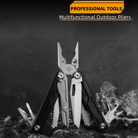 15 In 1 Multitool Pliers With Spring Loaded Head And Thick Hardened Steel Skeleton Handle displayed open on rock