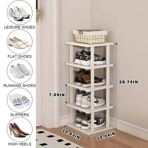 5 Tier Bamboo Shoe Rack Space Saver Vertical Organizer For Tight Spots In Small Spaces Tall Narrow Shelf For Closet Entryway Garage And Bedroom DIY Stackable Design Keeps Shoes Neat And Easy To Grab showing multiple shoes organized