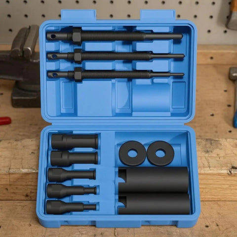 Pro Bearing Puller Kit For Inner Housing Removal With Case darkened finish, rods sleeves and washers in blue case