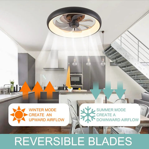 Copper Color Flush Mount Ceiling Fan With Lights, Low Profile Design, shown in kitchen illustrating reversible airflow modes.