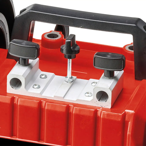 Close-up view of Built Tough Electric Wet Bench Grinder clamp mechanism with adjustable knobs for secure knife sharpening.
