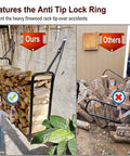 Heavy Duty Firewood Rack Stand for Outdoor and Indoor Use Holds a Quarter Cord of Firewood and Supports Up to 550 Pounds in a Matte Black Metal Organizer, showing anti-tip lock feature comparison.
