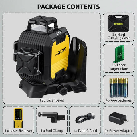 Pro Grade Green Beam Laser Level With Receiver Kit, 360 Self Leveling Laser, accessories included in package contents.