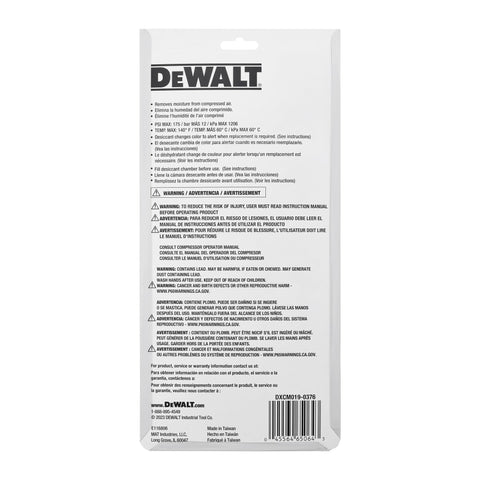 Image of DeWALT product packaging backside with text and warnings for Three Eighths NPT Inline Desiccant Dryer With Clear Window.