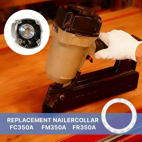PU Collar 910767 Replacement Part for 3 And A Half Inch Framing Air Nailer FC350A shown with nailer and diagram on table