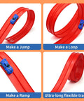 Build Anywhere Portable Race Track With Suction Cups 20 Foot Flexible Roll Up Track showing loops, ramps, and jumps for 1:64 cars