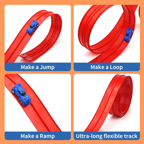 Build Anywhere Portable Race Track With Suction Cups 20 Foot Flexible Roll Up Track showing loops, ramps, and jumps for 1:64 cars