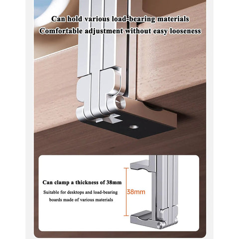 Side view of an aluminum clamp for tabletops showing 38mm thickness capacity, designed for various load-bearing materials.