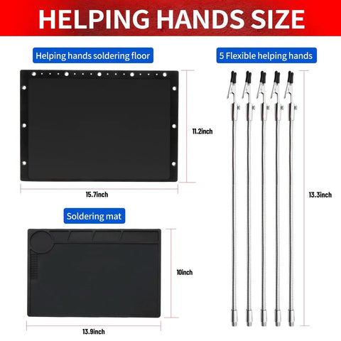 Pro Grade Third Hand Soldering Station With Five Flexible Arms And Large 15.7 X 11.2 Inch Base, product components displayed