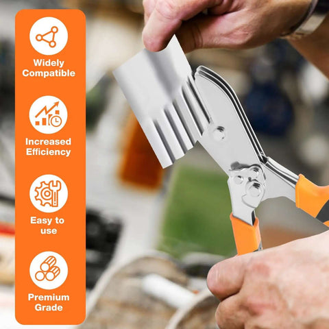 Using Carbon Steel 5 Blade Hand Crimper for gutter and ductwork crimping in workshop setting
