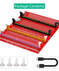 Package contents of 4 In 1 DDR3 DDR4 DDR5 UDIMM RDIMM Memory Diagnostic Tester Card Module and accessories