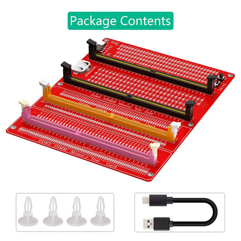 Package contents of 4 In 1 DDR3 DDR4 DDR5 UDIMM RDIMM Memory Diagnostic Tester Card Module and accessories