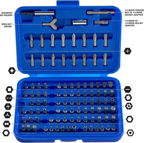 Security Bit Set 100 Piece Cr V Steel With One Quarter Inch Adapters Includes Phillips Slotted Hex Torx Tamperproof Pozi in case