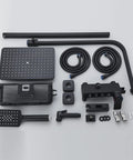 Components of Dope Matte Black Outdoor Shower System With Thermostatic Control including rain shower head and brass valve body