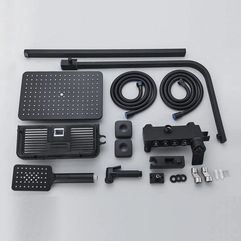 Components of Dope Matte Black Outdoor Shower System With Thermostatic Control including rain shower head and brass valve body