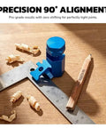 Heavy Duty Framing Square Attachment Jigs With Anti Slip Stair Gauges And 90 Degree Right Angle Clamps For Zero Play Carpenter Setup And Dead Square Woodworking Alignment Tools 2 Pack on aluminum square with wood shavings.