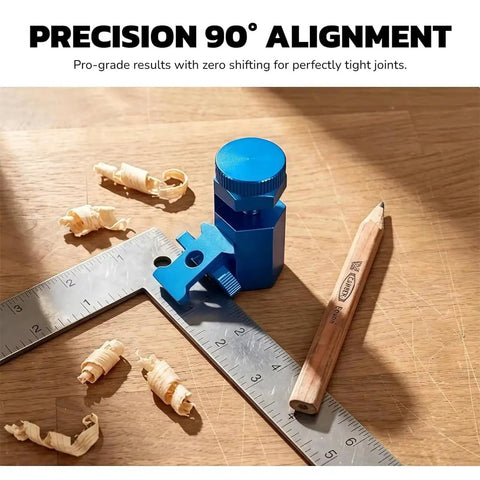 Heavy Duty Framing Square Attachment Jigs With Anti Slip Stair Gauges And 90 Degree Right Angle Clamps For Zero Play Carpenter Setup And Dead Square Woodworking Alignment Tools 2 Pack on aluminum square with wood shavings.
