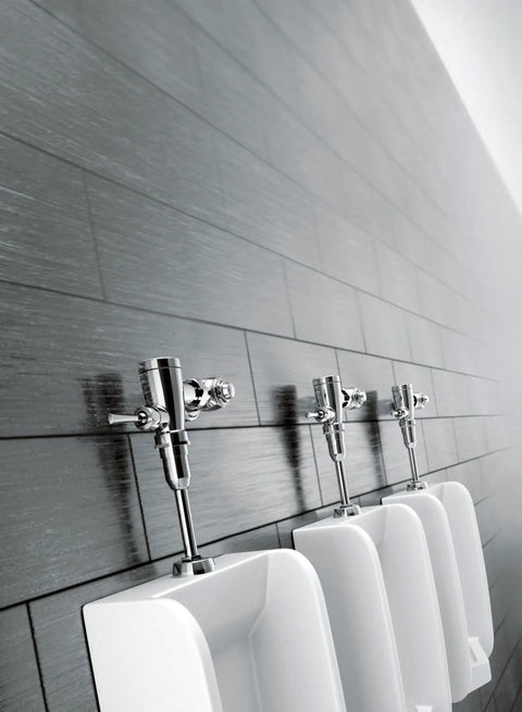 Commercial Three Quarter Inch Urinal Flush Valve With AccuSet Piston, Rock Solid Brass Construction, in bathroom setup