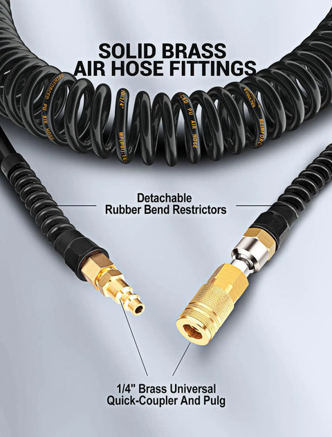 1/4 In Polyurethane Recoil Air Hose With 28 Ft Length, brass quick connect fittings, detachable bend restrictors close-up