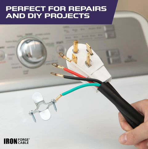 Heavy Duty 4 Prong Dryer Cord 12 Foot Long Nema 14-30 Plug with wires, ideal for DIY projects and appliance repairs.