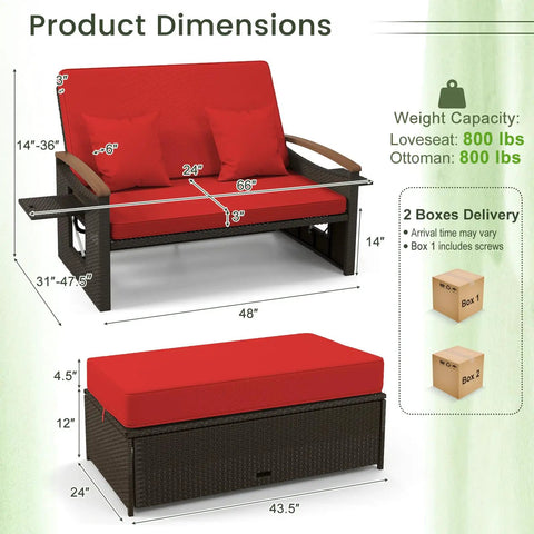 Patio Rattan Daybed With Four Level Adjustable Backrest And Handy Storage Ottoman dimensions and packaging details.