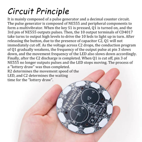 Two Pack NE555 Electronics Kit For Soldering Practice And LED Prize Wheel Project circuit board in hand, text on principles.