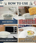 Microwave Ramen Cooker Bowl 50 Oz Capacity No Pot Needed With Lid Easy Noodles Maker Cook Ramen And Vegetables In Minutes Made In Japan Dishwasher Safe BPA Free in four-step usage process.