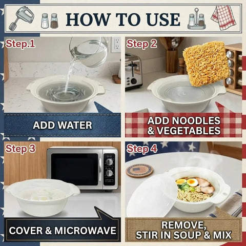 Microwave Ramen Cooker Bowl 50 Oz Capacity No Pot Needed With Lid Easy Noodles Maker Cook Ramen And Vegetables In Minutes Made In Japan Dishwasher Safe BPA Free in four-step usage process.