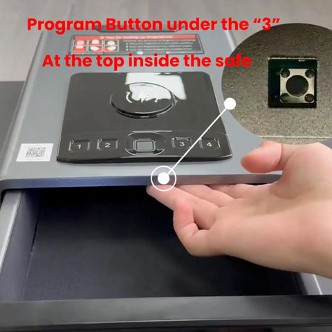 Biometric Bedside Gun Safe For Handguns With Wireless Charging Pad showing programming button location with hand demonstration.