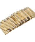 100 Pcs Spring Test Probe Pin Set P75-B1 Brass Tips For PCB Testing, conical heads, 15.8mm length, arranged in rows