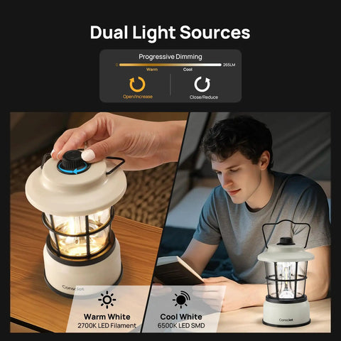 Hand adjusting Mini Dual LED Lantern With Retro Vibe, Battery Powered Lamp on table and man reading by lamp light.