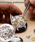 Watch repair with 100 Piece Watch Battery Clamp Screws Set For Tiny Small Screws in silver, focus on gears and precision work