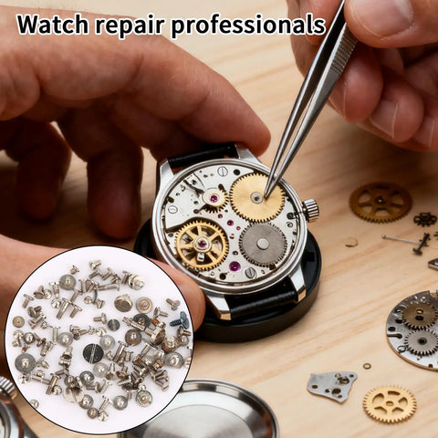 Watch repair with 100 Piece Watch Battery Clamp Screws Set For Tiny Small Screws in silver, focus on gears and precision work