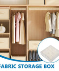 Sturdy Fabric Drawer Organizer Box With Segmented Compartments For Socks Underwear And Clothing Sorter shown in a closet with clothes.