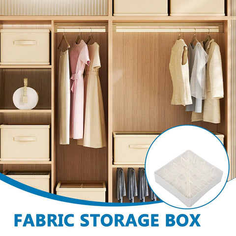 Super Slick 16 Compartment Foldable Drawer Storage Box For Underwear And Socks Made From Soft Cotton Linen Blend In Warm Beige in a closet.