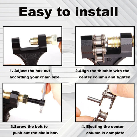 Easy installation guide for Heavy Duty Chain Breaker Riveting Tool For Chains And Link Pins, steps for bikes and ATVs.
