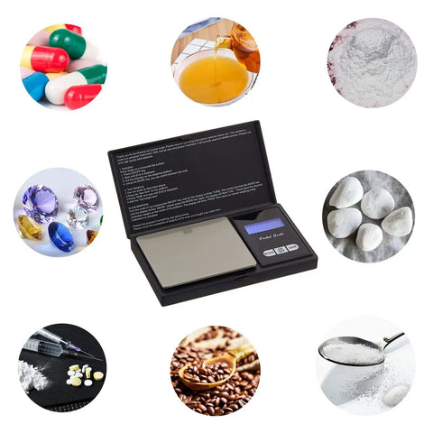Compact Pocket Digital Scale For Food And Jewelry Delivers 0.01g Precision Up To 500g Ultra Portable Travel Friendly Lightweight Yet Sturdy Battery Included Easy Setup And Clear Readouts For Everyday Use. Scale surrounded by small items for precise weighing.