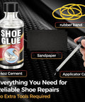 Waterproof Clear Shoe Repair Adhesive Kit with 4oz Cement, sandpaper, rubber bands, and applicator cap for cracks and peeling soles