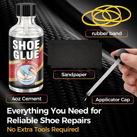 Waterproof Clear Shoe Repair Adhesive Kit with 4oz Cement, sandpaper, rubber bands, and applicator cap for cracks and peeling soles